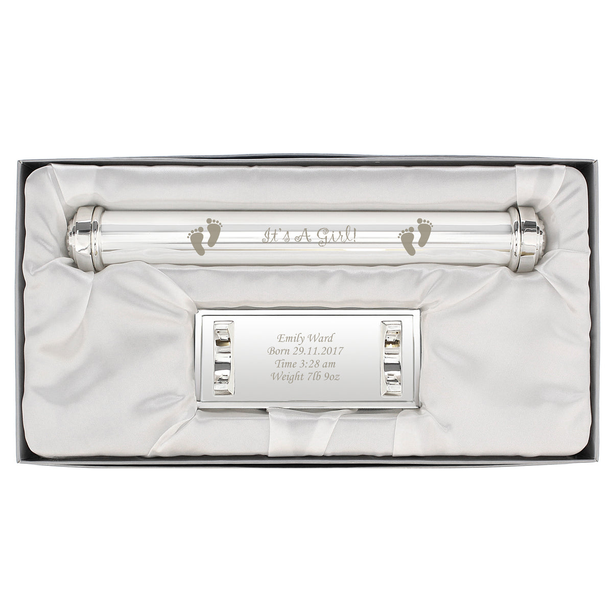 Personalised Its A Girl Silver Plated Certificate Holder for New Baby