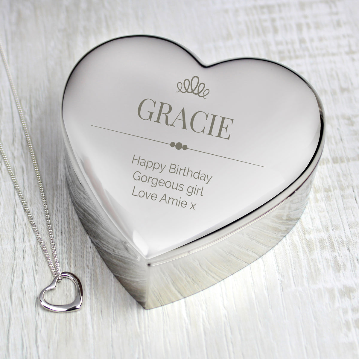 Personalised Elegant Crown Heart Trinket Box & Sterling Silver Necklace Set for Wedding