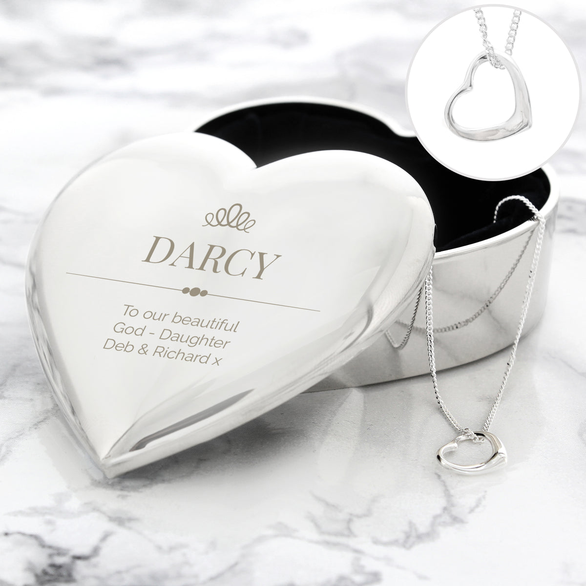 Personalised Elegant Crown Heart Trinket Box & Sterling Silver Necklace Set for Wedding