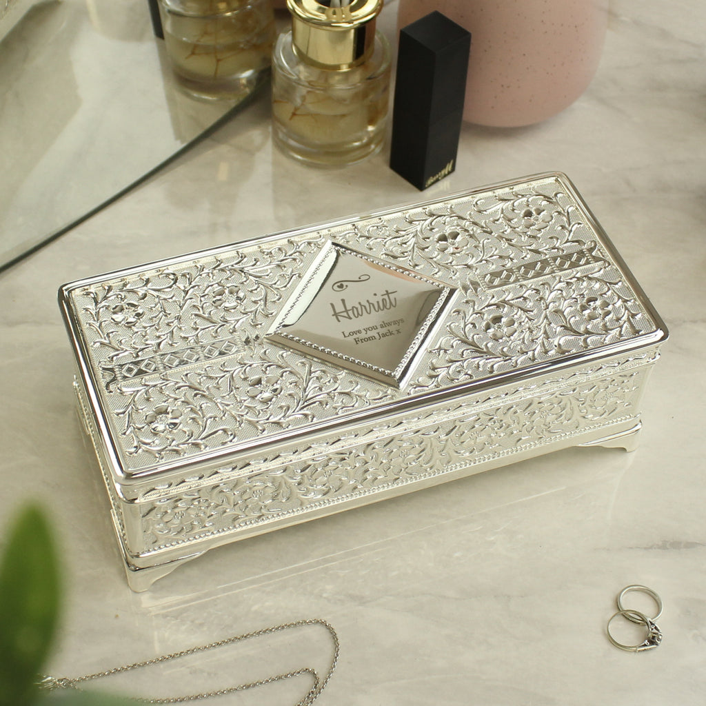 Personalised Swirls & Hearts Antique Silver Plated Jewellery Box for Wedding