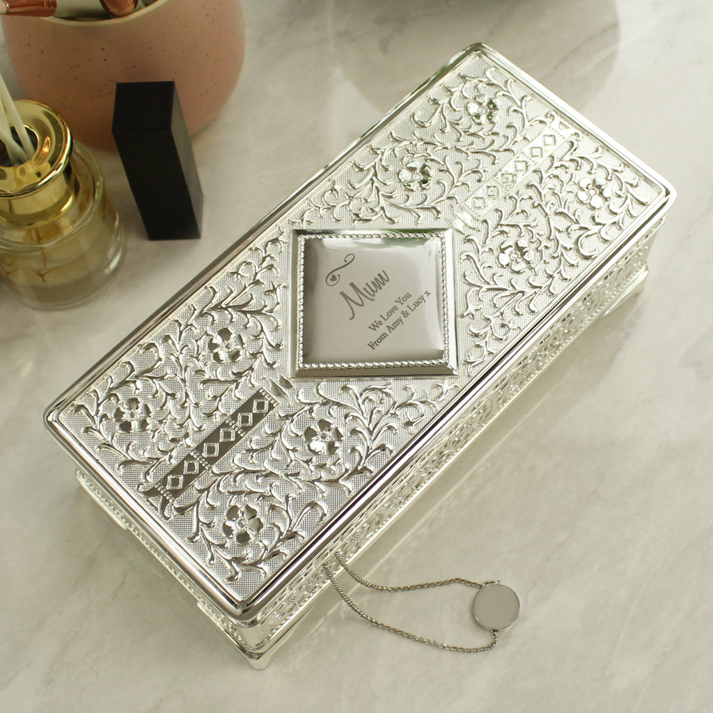 Personalised Swirls & Hearts Antique Silver Plated Jewellery Box for Wedding
