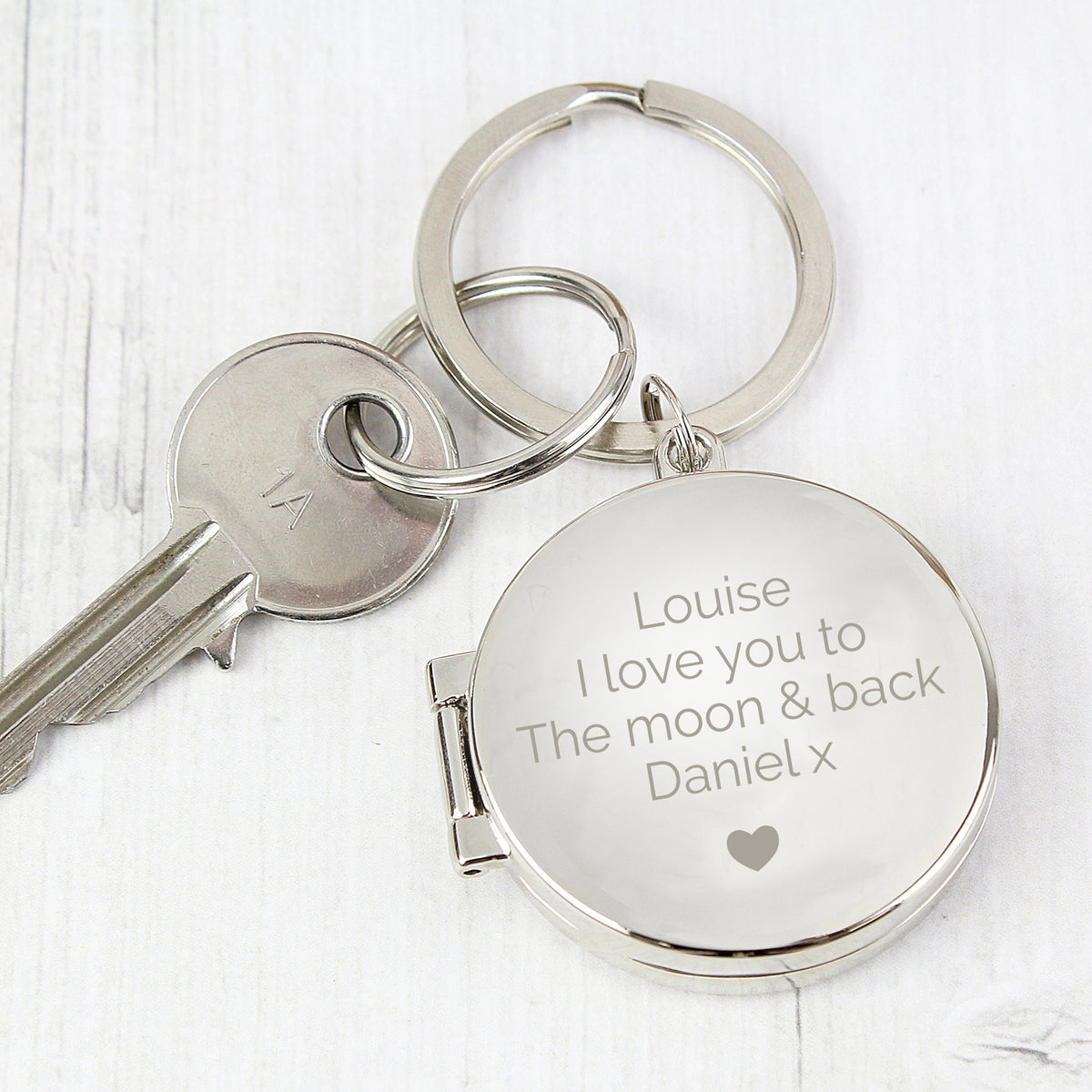 Personalised Heart Motif Round Photo Keyring for Wedding