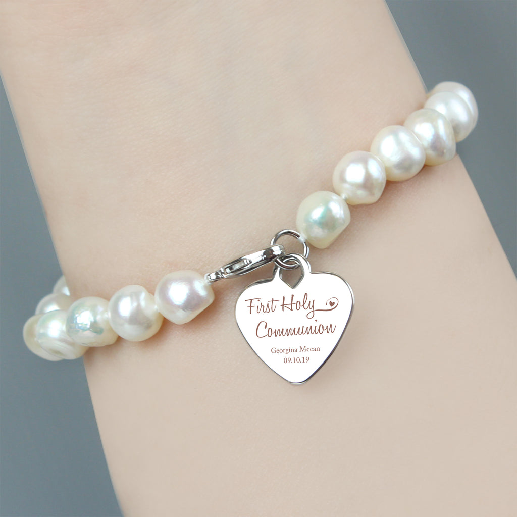 Personalised First Holy Communion Swirls & Hearts White Freshwater Pearl Bracelet | Jewellery | Christening Gift