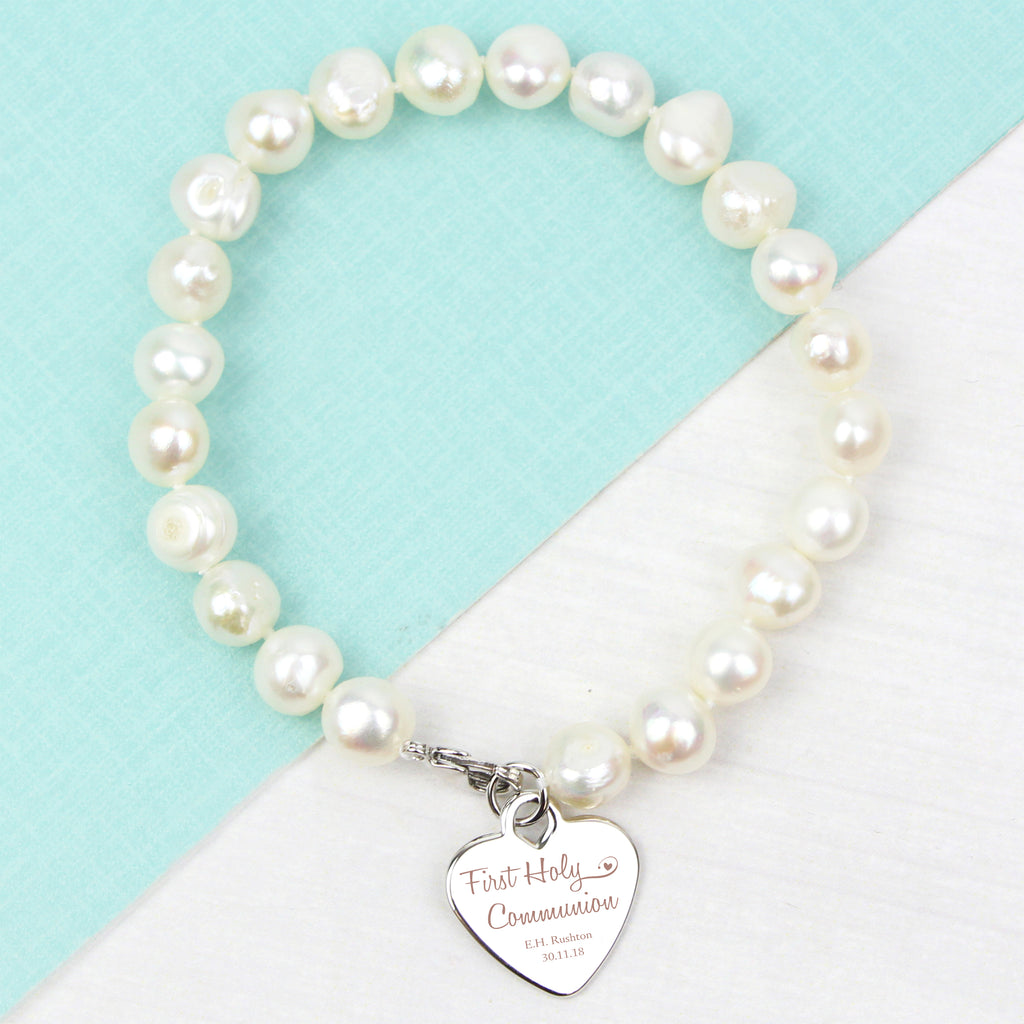 Personalised First Holy Communion Swirls & Hearts White Freshwater Pearl Bracelet | Jewellery | Christening Gift
