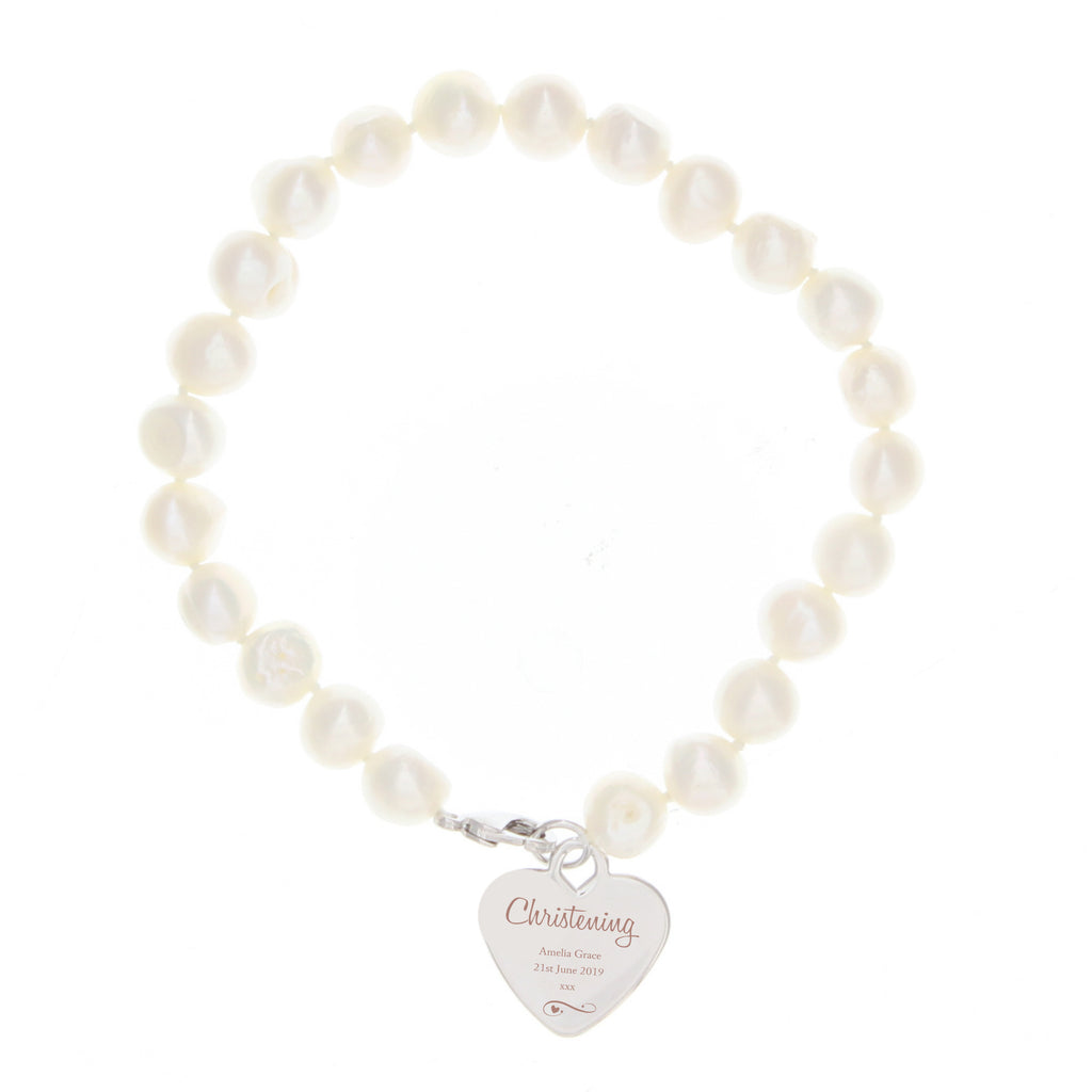 Personalised Christening Swirls & Hearts White Freshwater Pearl Bracelet | Christening Gift