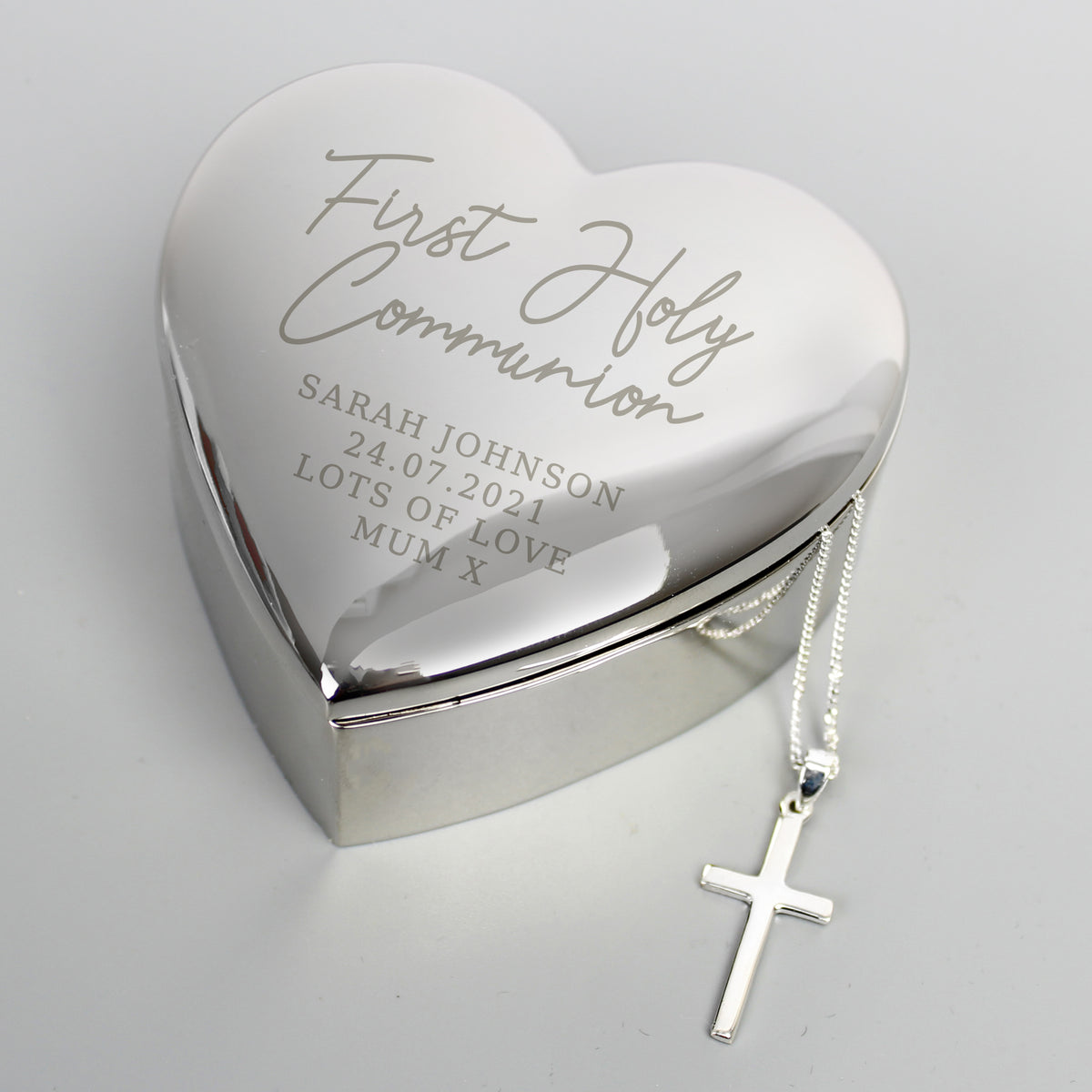 Personalised First Holy Communion Heart Trinket Box & Cross Necklace Set for Christening