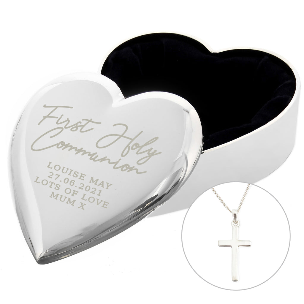 Personalised First Holy Communion Heart Trinket Box & Cross Necklace Set for Christening