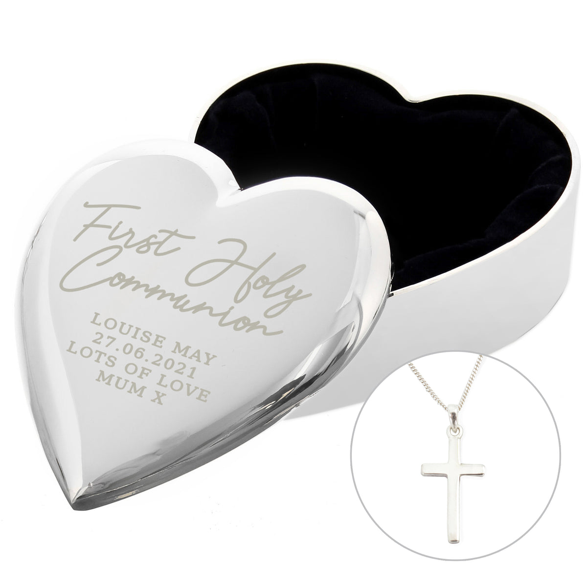 Personalised First Holy Communion Heart Trinket Box & Cross Necklace Set for Christening