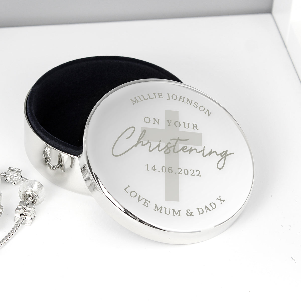 Personalised Christening Round Trinket Box | Trinket, Jewellery & Keepsake Boxes