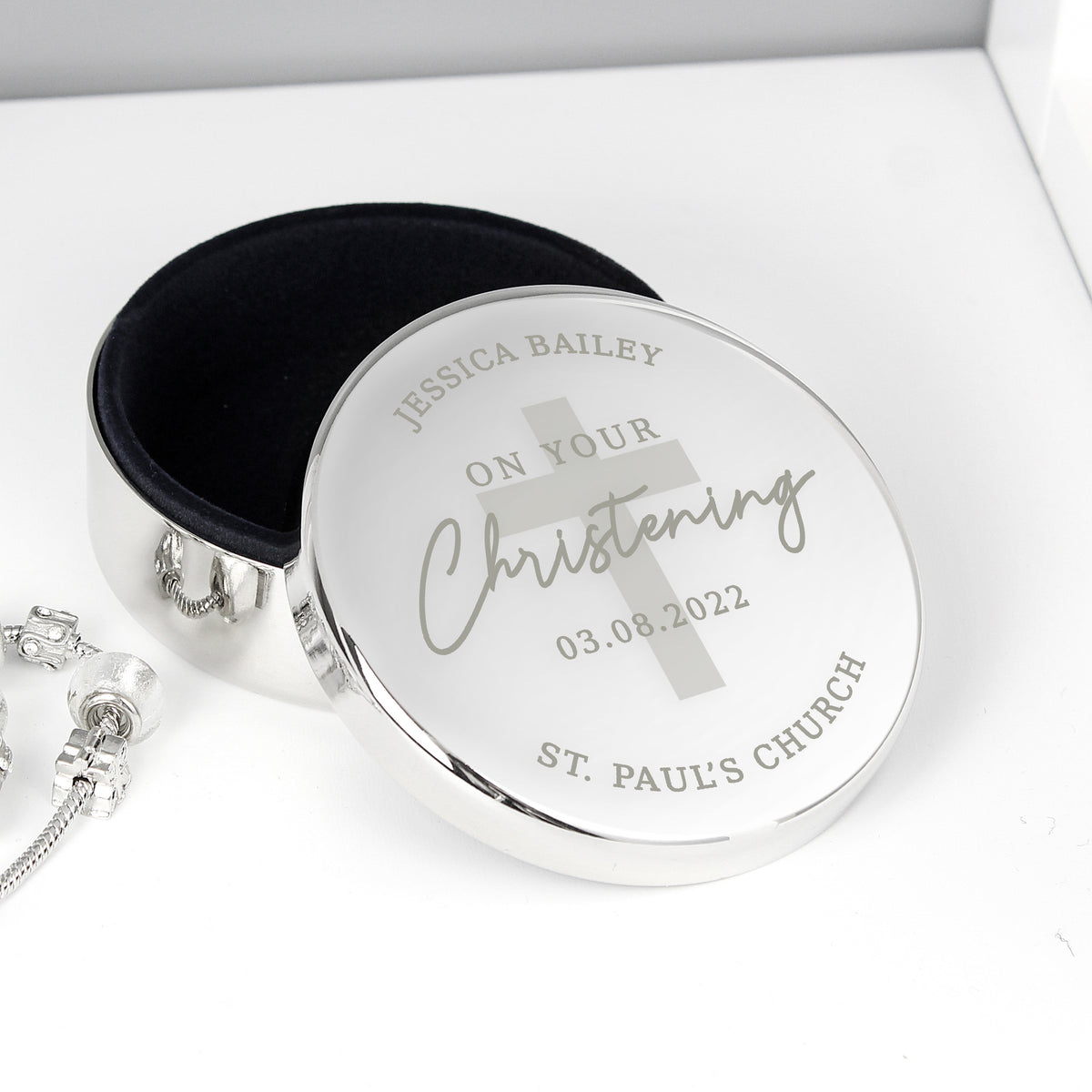 Personalised Christening Round Trinket Box | Trinket, Jewellery & Keepsake Boxes