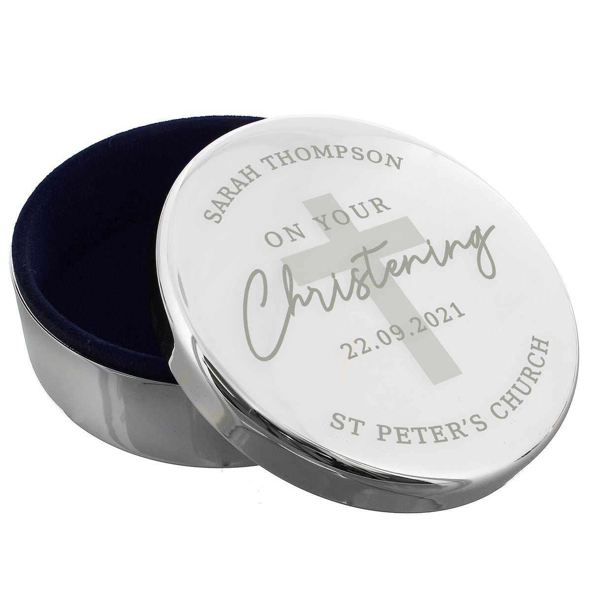 Personalised Christening Round Trinket Box | Trinket, Jewellery & Keepsake Boxes