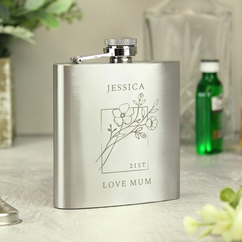 Personalised Monochrome Floral Hip Flask | Gift for Him