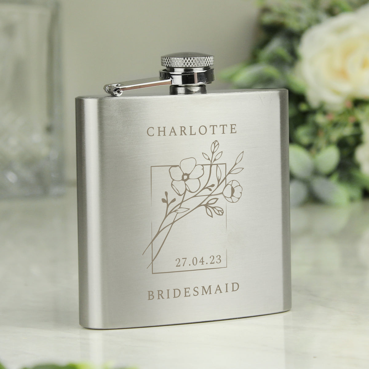 Personalised Monochrome Floral Hip Flask | Gift for Him
