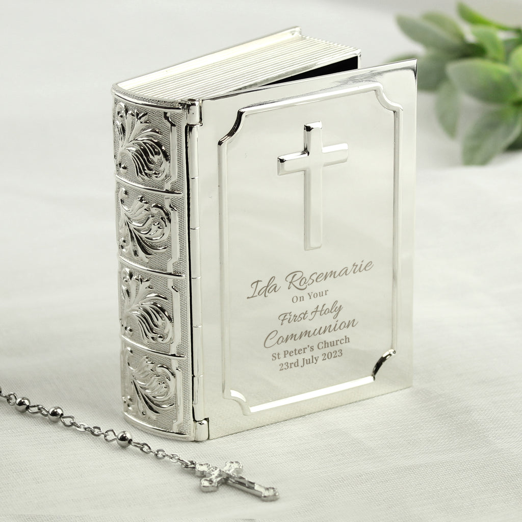 Personalised First Holy Communion Bible Trinket Box with Rosary Beads | Christening Gift