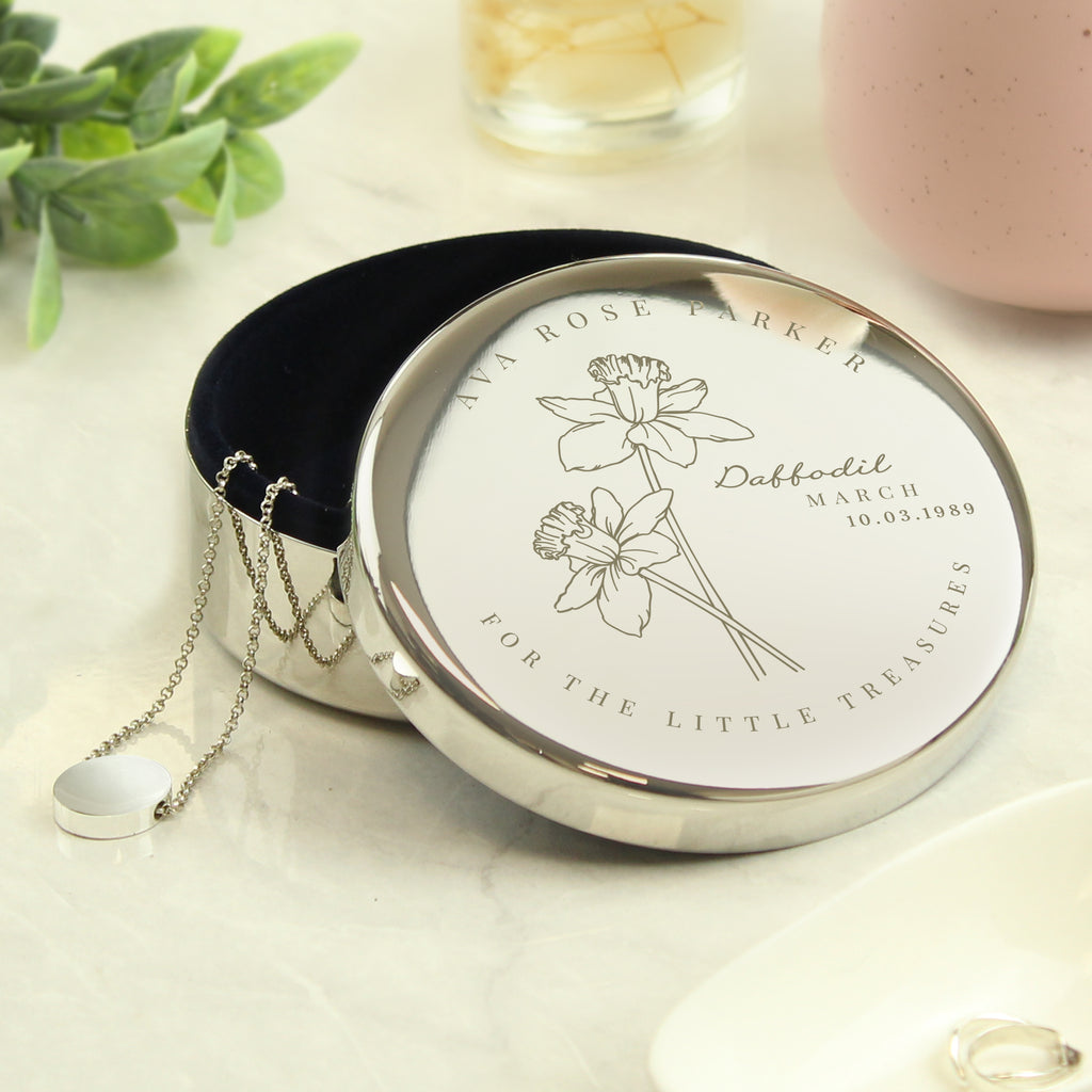 Personalised March Birth Flower Round Trinket Box | Trinket, Jewellery & Keepsake Boxes | Mother's Day Gift