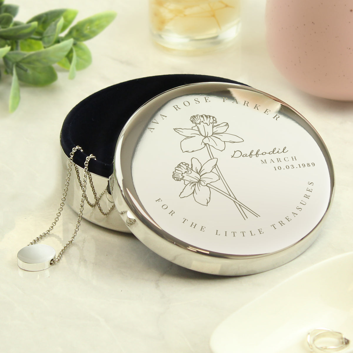 Personalised March Birth Flower Round Trinket Box | Trinket, Jewellery & Keepsake Boxes | Mother's Day Gift