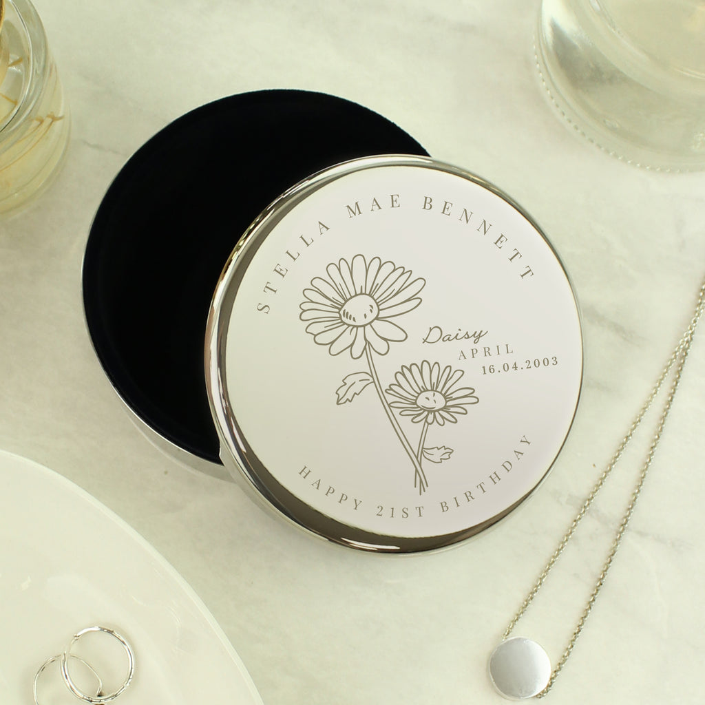 Personalised April Birth Flower Round Trinket Box | Gift for Her