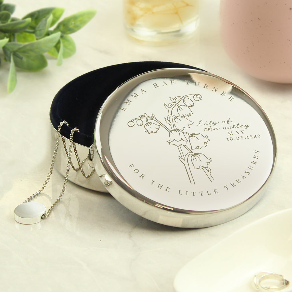 Personalised May Birth Flower Round Trinket Box | Gift for Her