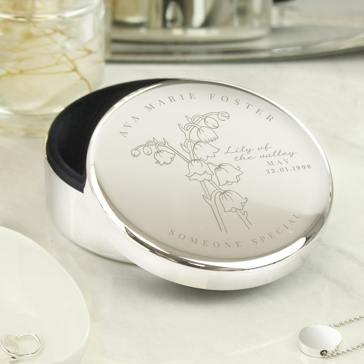 Personalised May Birth Flower Round Trinket Box | Gift for Her