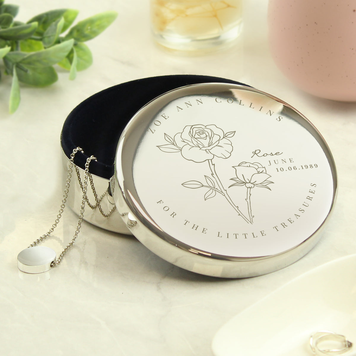 Personalised June Birth Flower Round Trinket Box | Trinket, Jewellery & Keepsake Boxes | Inspired Creative Gifts