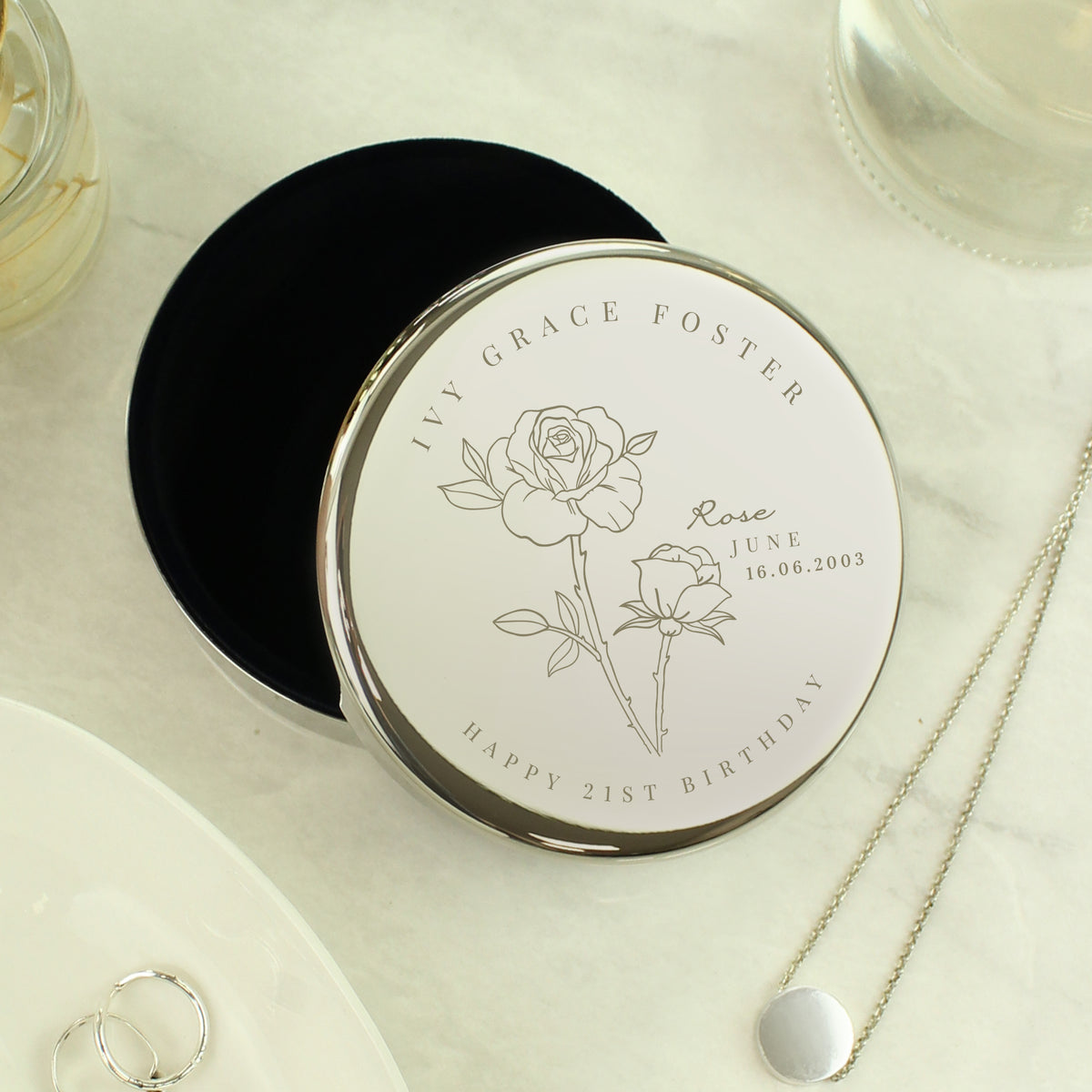 Personalised June Birth Flower Round Trinket Box | Trinket, Jewellery & Keepsake Boxes | Inspired Creative Gifts