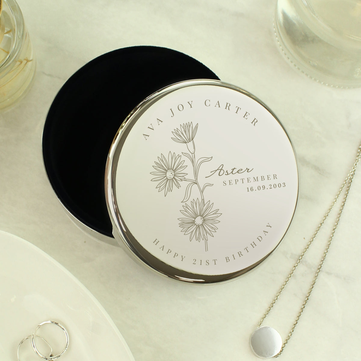 Personalised September Birth Flower Round Trinket Box | Gift for Her