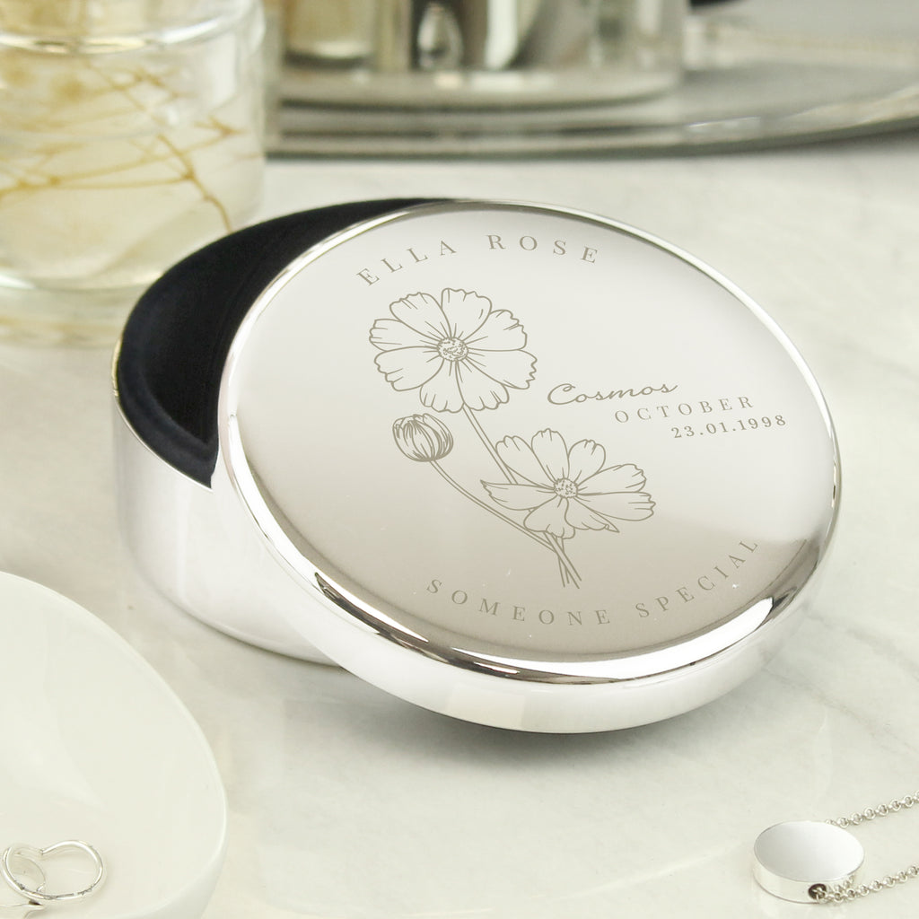Personalised October Birth Flower Round Trinket Box | Trinket, Jewellery & Keepsake Boxes | Inspired Creative Gifts