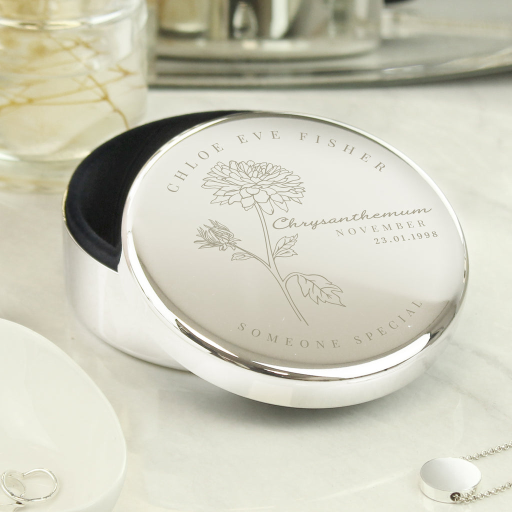 Personalised November Birth Flower Round Trinket Box for Mother's Day