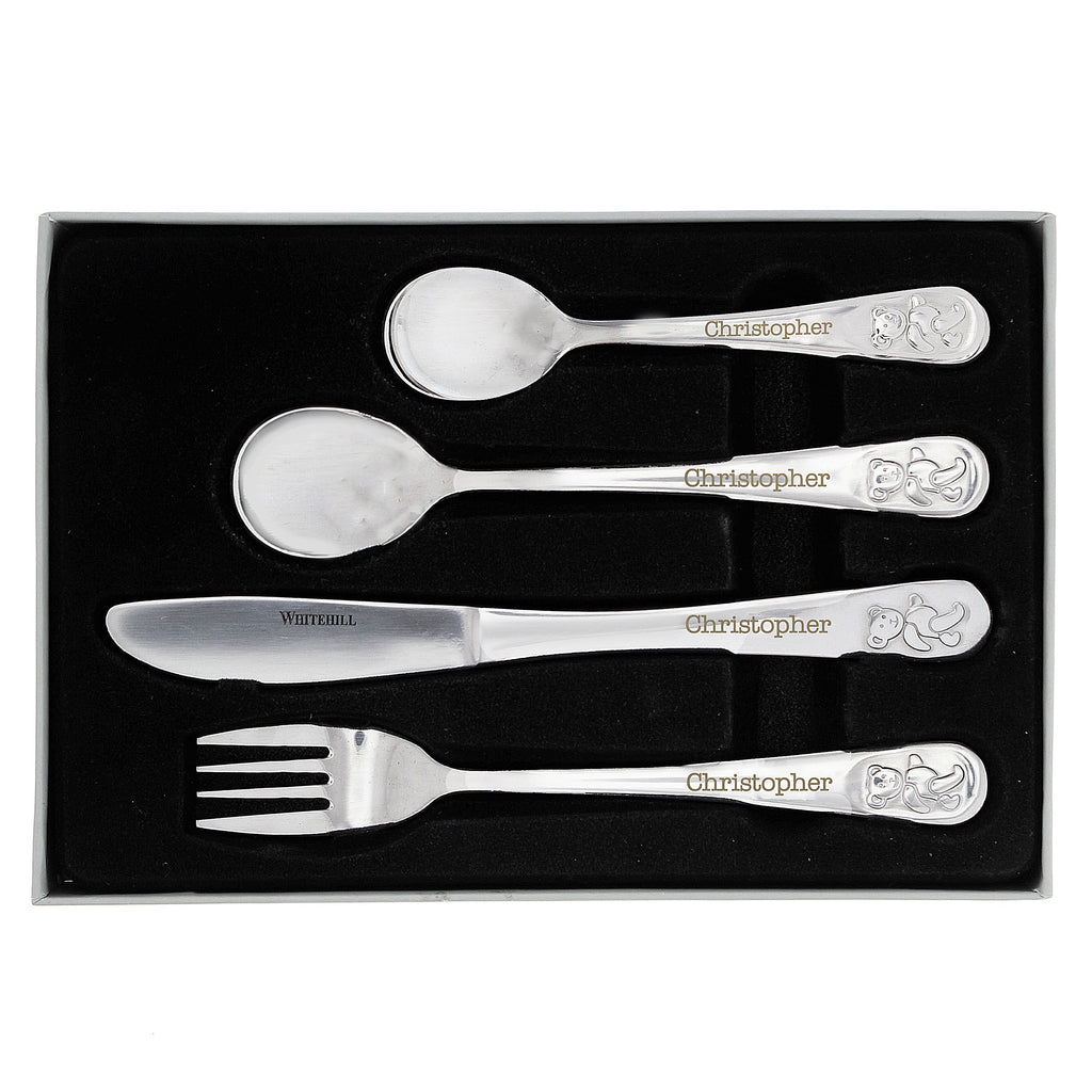 Personalised Teddy 4 Piece Embossed Cutlery Set for Christening