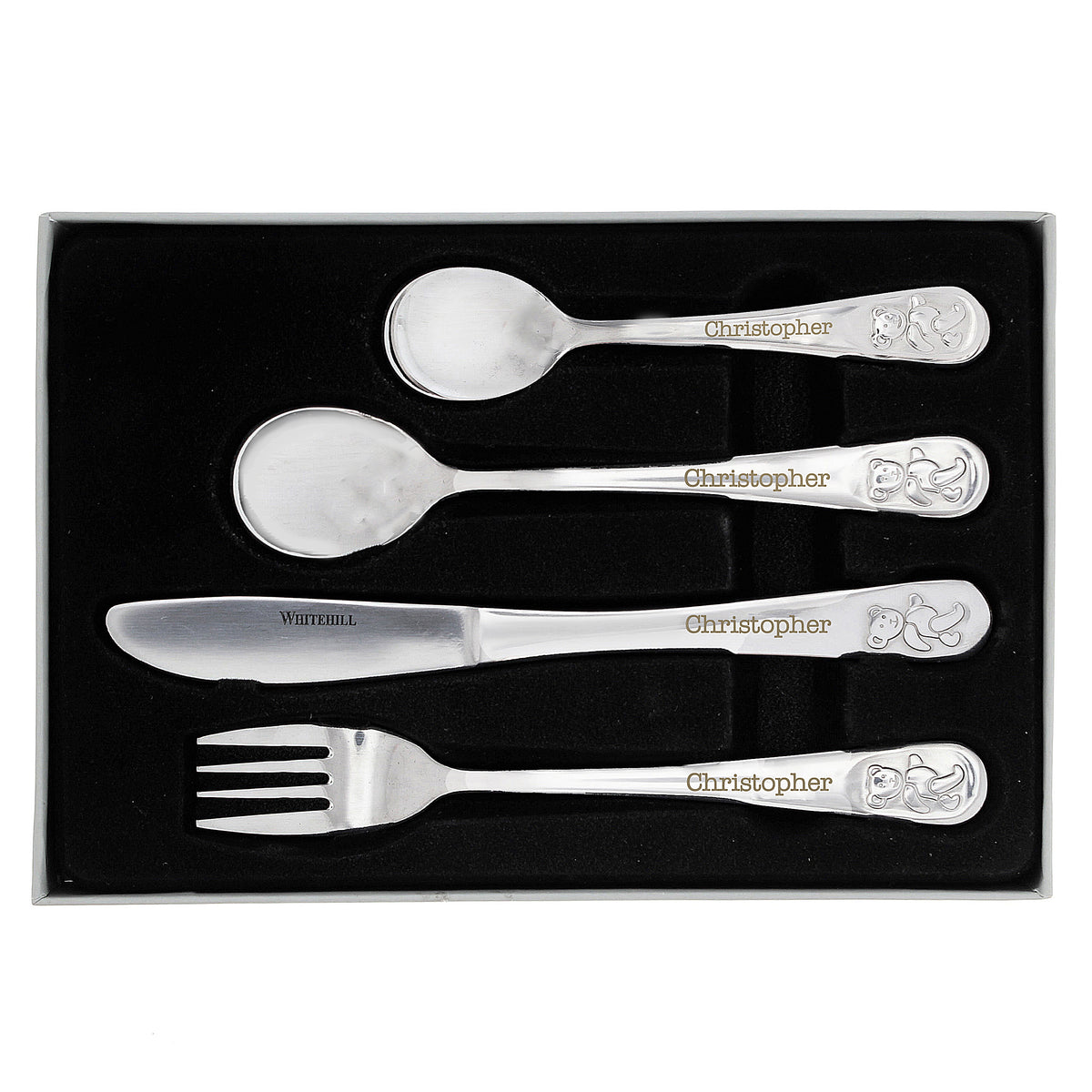 Personalised Teddy 4 Piece Embossed Cutlery Set for Christening