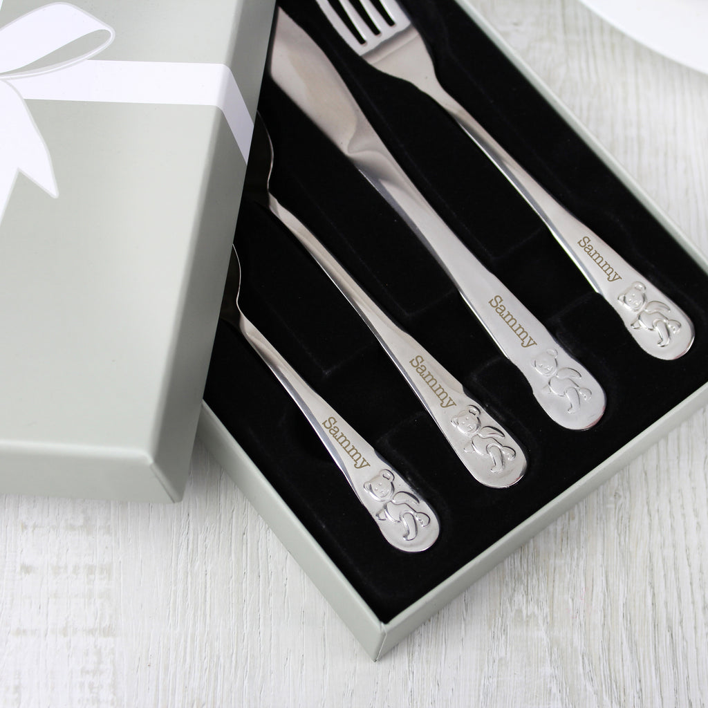 Personalised Teddy 4 Piece Embossed Cutlery Set for Christening