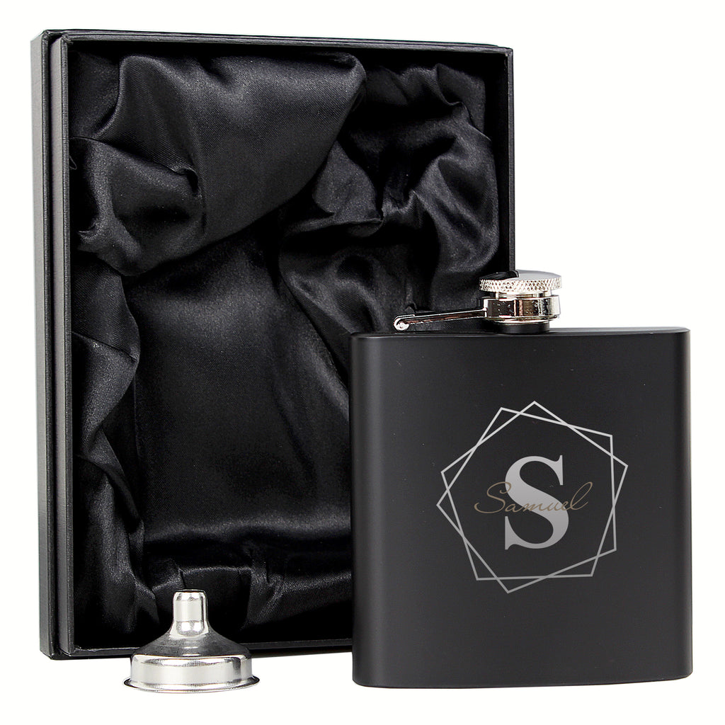 Personalised Geometric Initial Black Hip Flask - Hip Flask - Inspired Creative Gifts