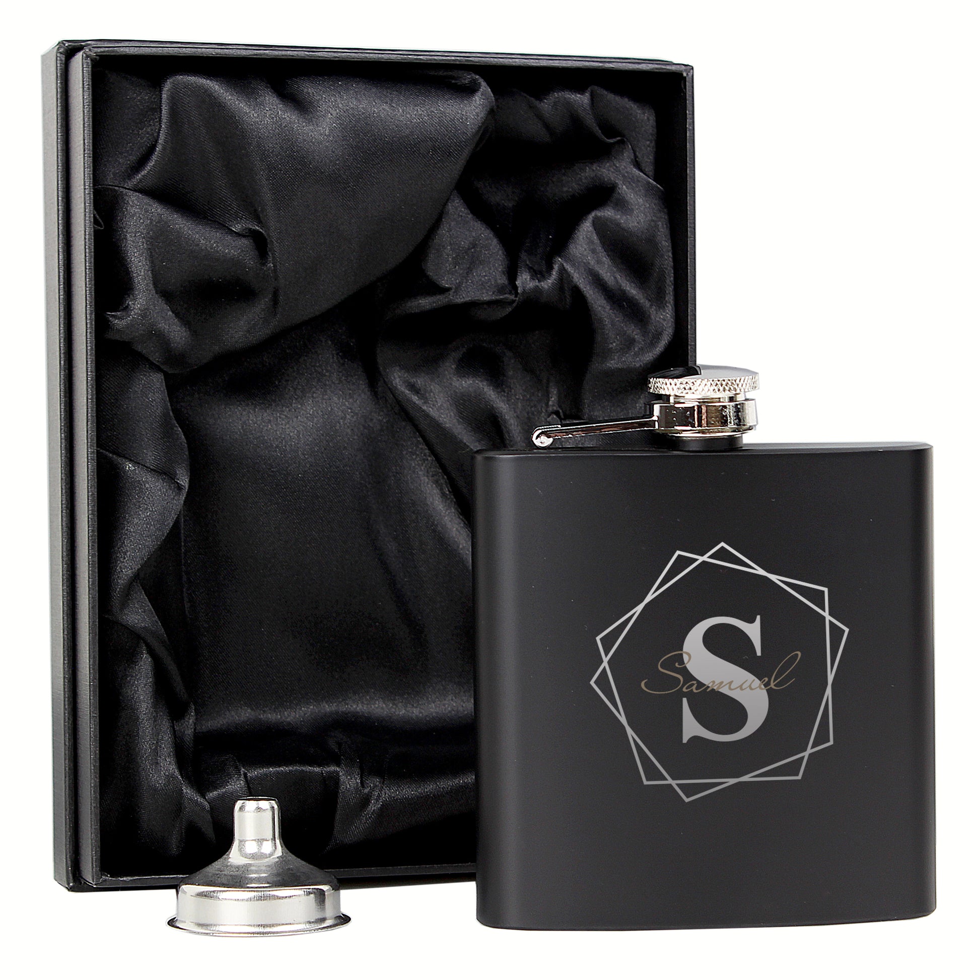 Personalised Geometric Initial Black Hip Flask - Hip Flask - Inspired Creative Gifts