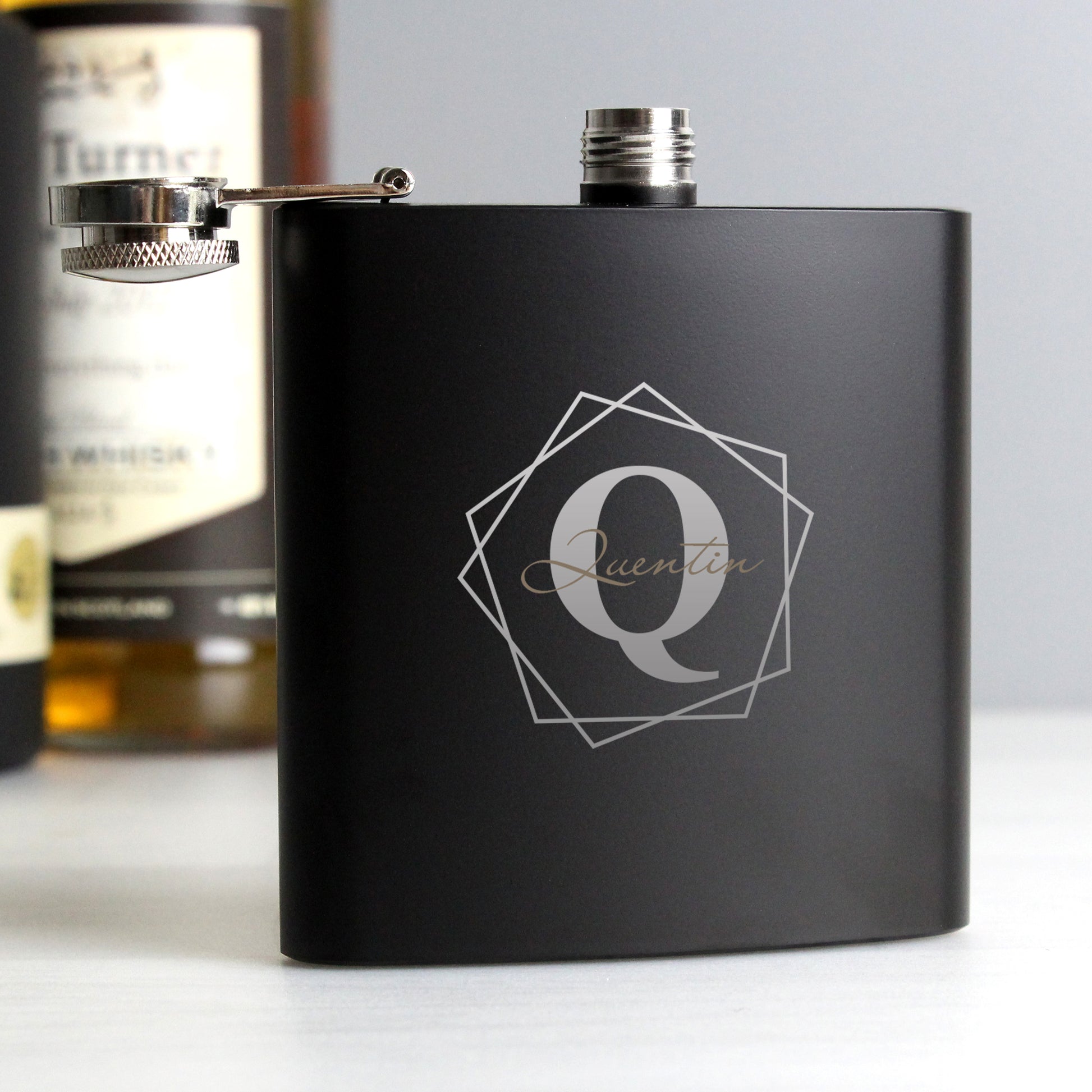 Personalised Geometric Initial Black Hip Flask - Hip Flask - Inspired Creative Gifts