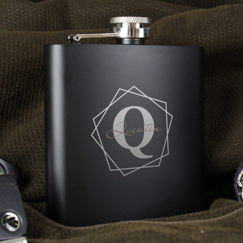 Personalised Geometric Initial Black Hip Flask - Hip Flask - Inspired Creative Gifts