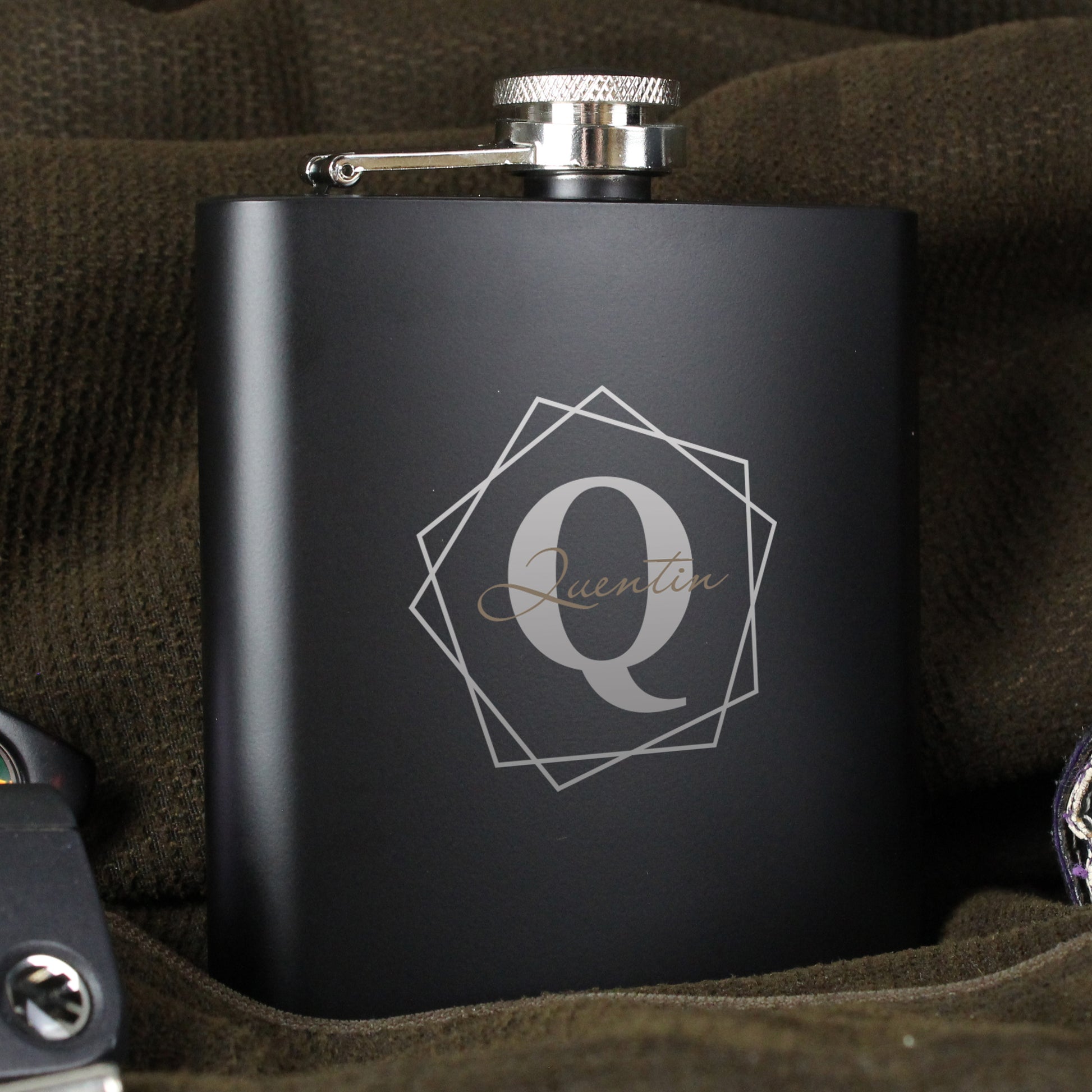 Personalised Geometric Initial Black Hip Flask - Hip Flask - Inspired Creative Gifts