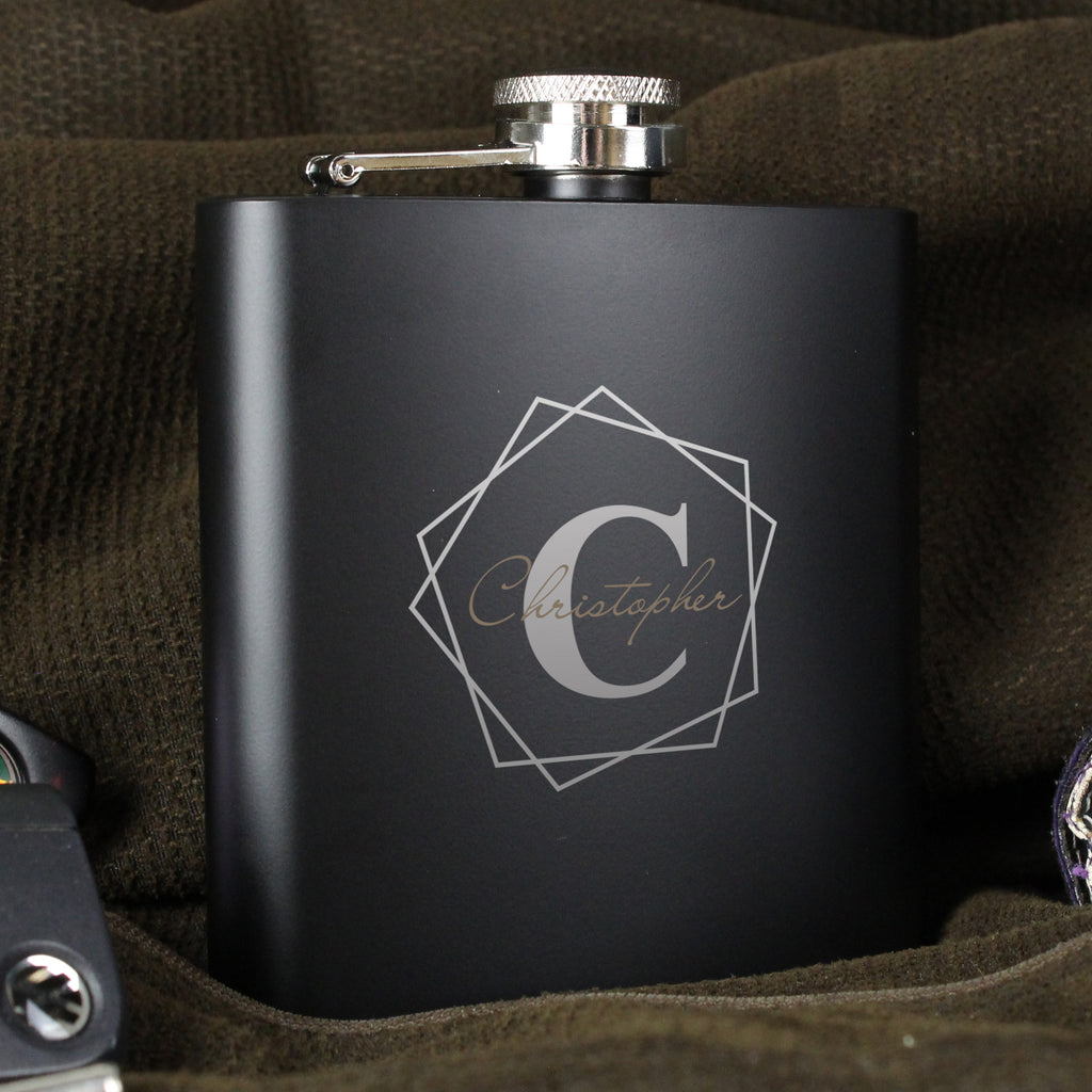Personalised Geometric Initial Black Hip Flask - Hip Flask - Inspired Creative Gifts