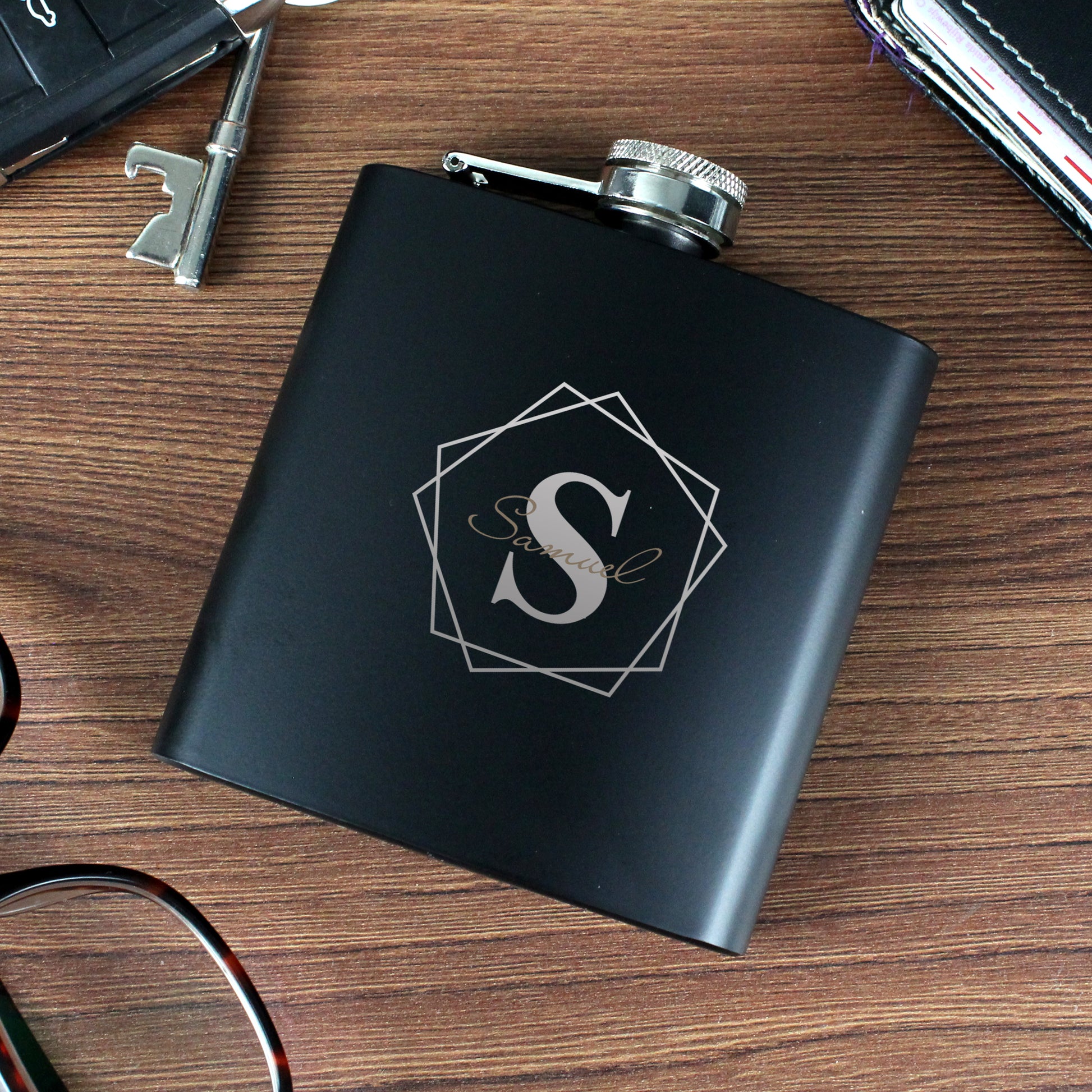Personalised Geometric Initial Black Hip Flask - Hip Flask - Inspired Creative Gifts
