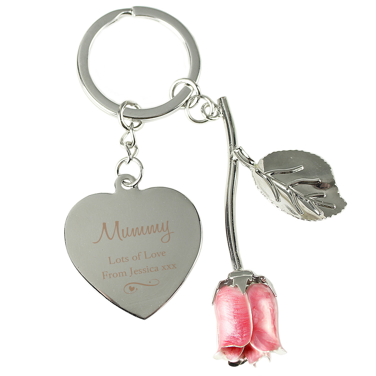 Personalised Silver Plated Swirls & Hearts Pink Rose Keyring | Keyrings | Mother's Day Gift