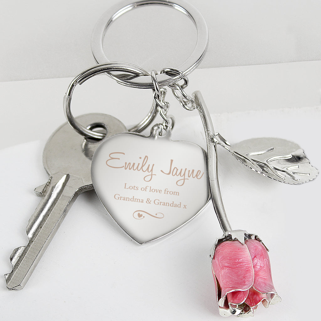 Personalised Silver Plated Swirls & Hearts Pink Rose Keyring | Keyrings | Mother's Day Gift