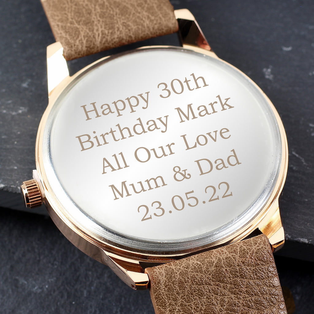 Personalised Mens Rose Gold Tone Watch with Brown Strap and Presentation Box - Clocks & Watches - Inspired Creative Gifts