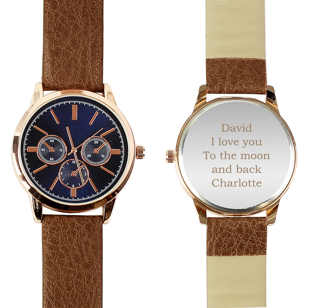 Personalised Mens Rose Gold Tone Watch with Brown Strap and Presentation Box - Clocks & Watches - Inspired Creative Gifts