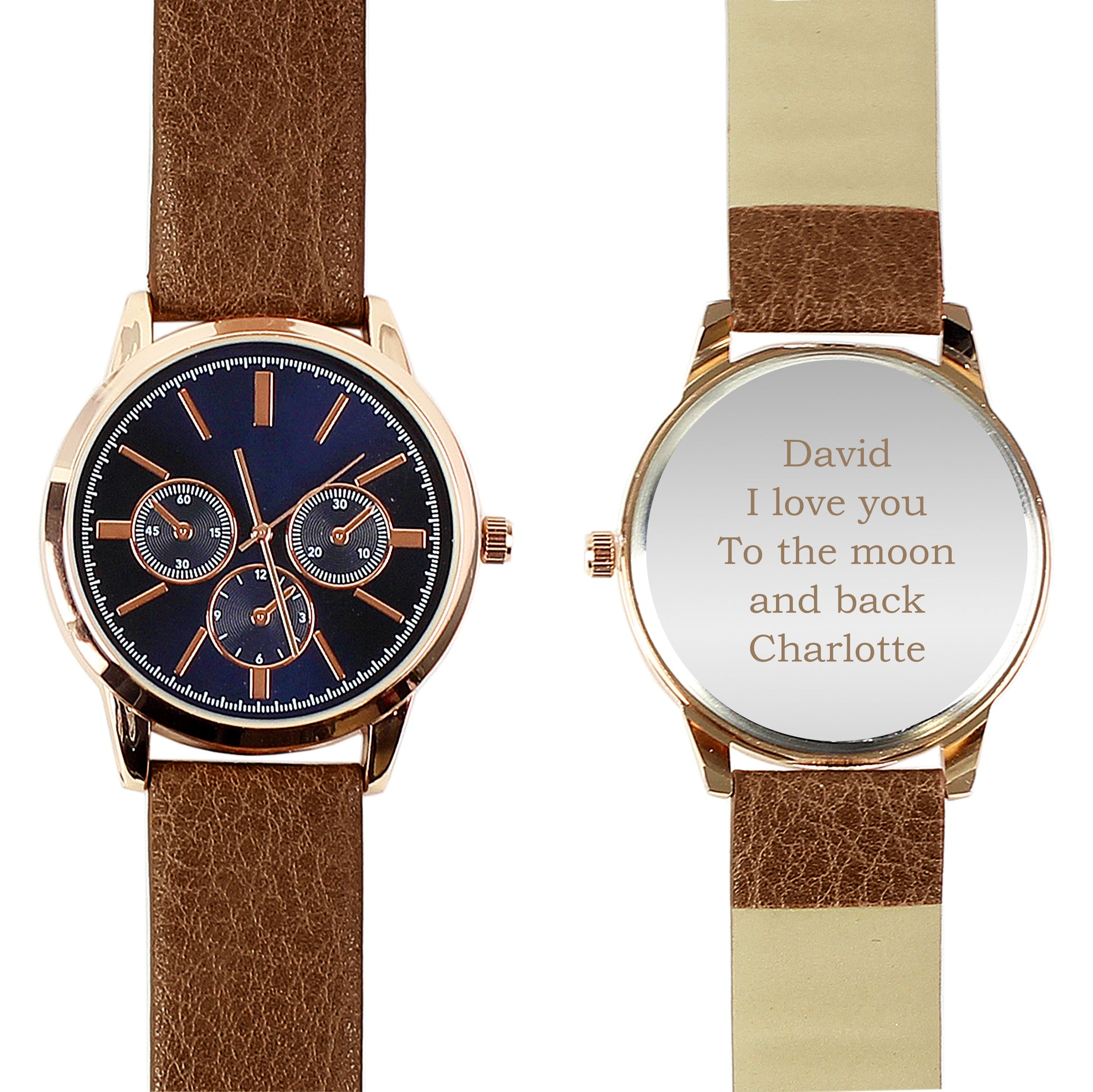 Personalised Mens Rose Gold Tone Watch with Brown Strap and Presentation Box - Clocks & Watches - Inspired Creative Gifts