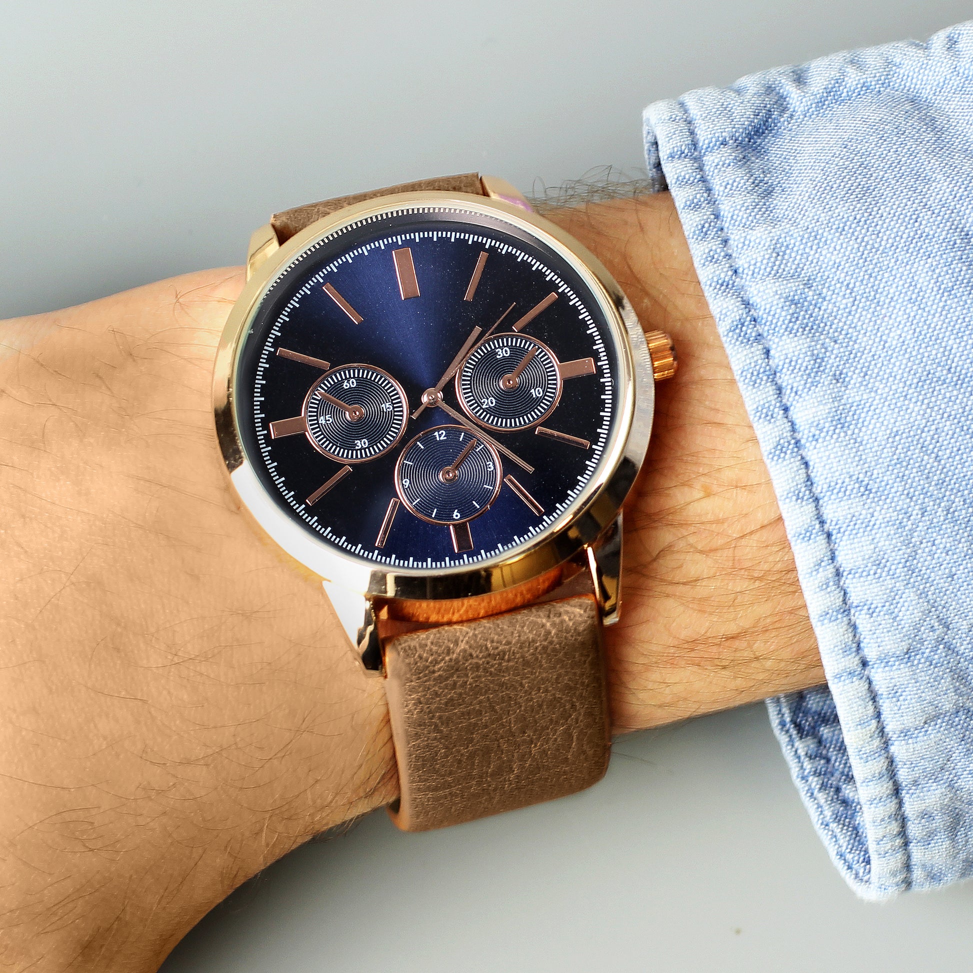 Personalised Mens Rose Gold Tone Watch with Brown Strap and Presentation Box - Clocks & Watches - Inspired Creative Gifts