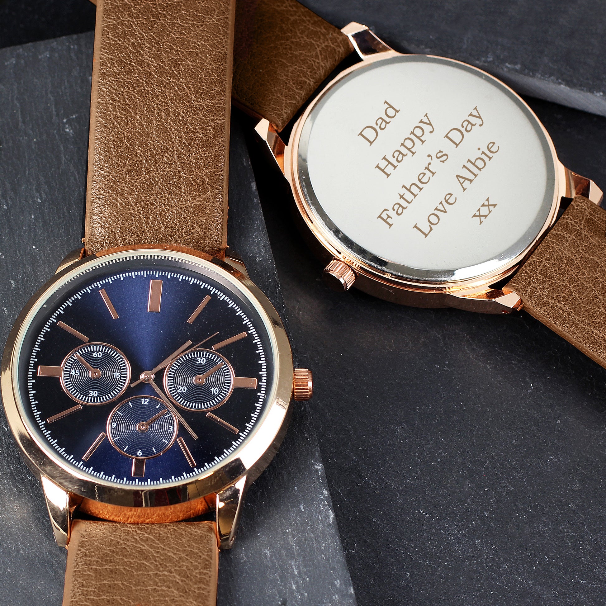 Personalised Mens Rose Gold Tone Watch with Brown Strap and Presentation Box - Clocks & Watches - Inspired Creative Gifts