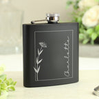 Personalised Monochrome Floral Name Black Hip Flask | Wedding Gift