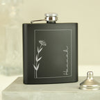 Personalised Monochrome Floral Name Black Hip Flask | Wedding Gift