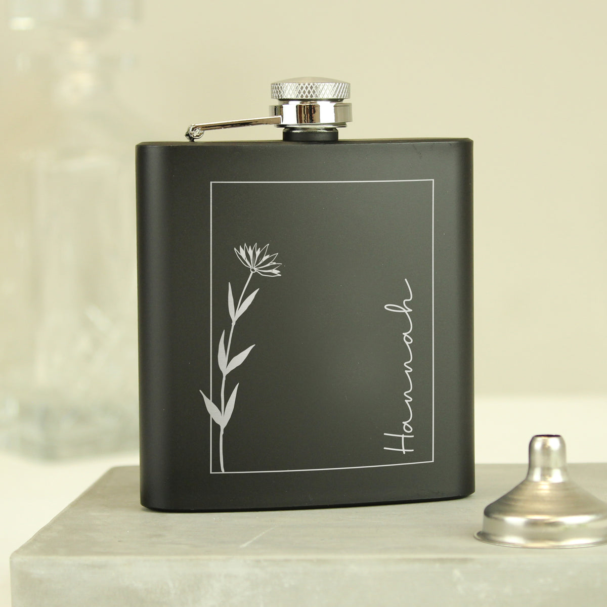 Personalised Monochrome Floral Name Black Hip Flask | Wedding Gift