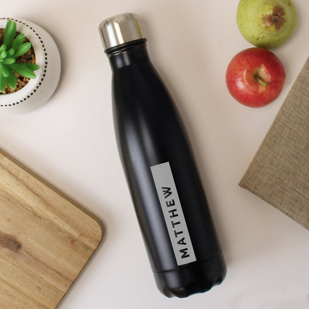 Personalised Rectangle Black Metal Insulated Drinks Bottle - Water Bottle - Inspired Creative Gifts