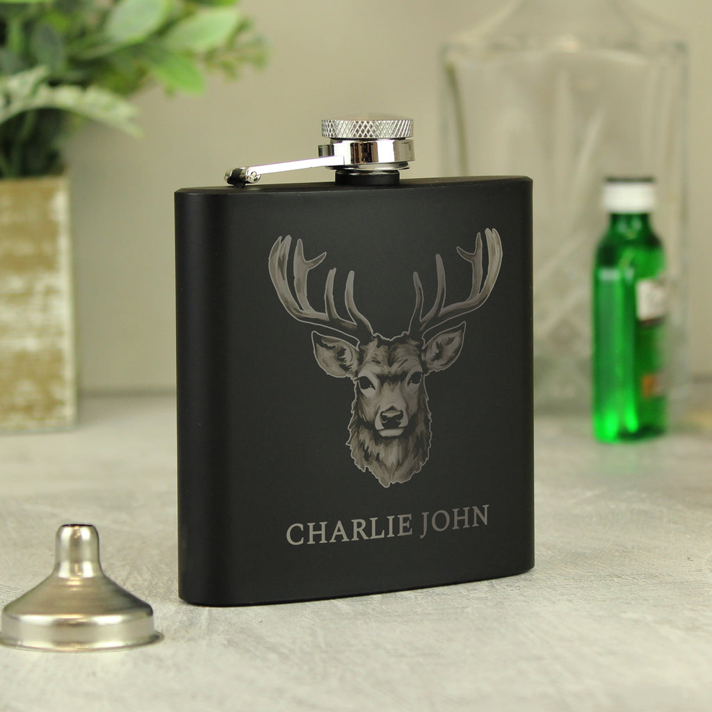 Personalised Stag Black Hip Flask | Christmas Gift